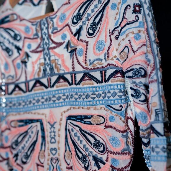 Abercrombie & Fitch Boho Embroidered Long Sleeve Top, Mesh Back with Shell - Picture 3 of 5